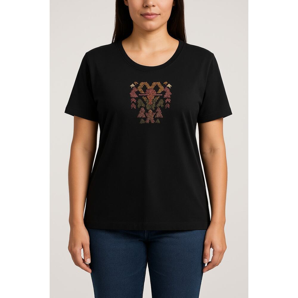 PERUVIAN CONNECTION Black Embroidered Pima Cotton T-Shirt XL Peru